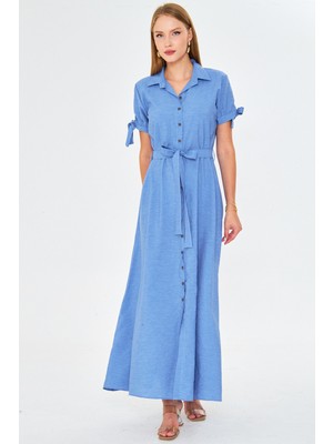 Armonika Kadın Açık Mavi Kolu Bağlamalı Beli Kuşaklı Gömlek Elbise ARM-23Y001004
