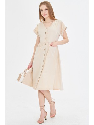 Armonika Kadın Bej Cepli Önü Düğmeli Elbise ARM-19Y001105