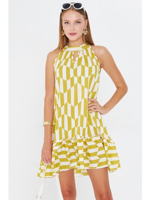 Armonika Kadın Yağ Yeşili Boyundan Bağlamalı Etek Ucu Fırfırlı Mini Elbise ARM-25Y001097