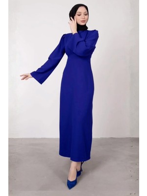 Tesettür Diyarı Ispanyol Kol Kuşaksız Tesettür Elbise- Saks Mavi