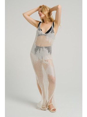 Armonika Kadın Ekru Yanı Yırtmaçlı Kolsuz Uzun Plaj Elbise ARM-23Y001116