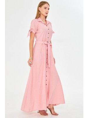 Armonika Kadın Pudra Kolu Bağlamalı Beli Kuşaklı Gömlek Elbise ARM-23Y001004