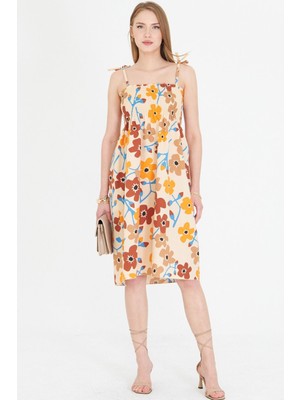 Armonika Kadın Bej Askıları Bağcıklı Göğsü Gipe Lastikli Mini Elbise ARM-25Y001047