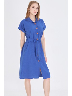 Armonika Kadın Saks Beli Kemerli Kısa Kol Gömlek Elbise ARM-25Y001065