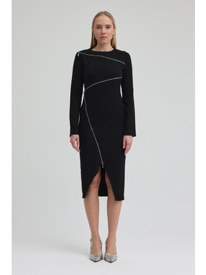 Lijuri Asimetrik Fermuar Detaylı Midi Elbise 2944