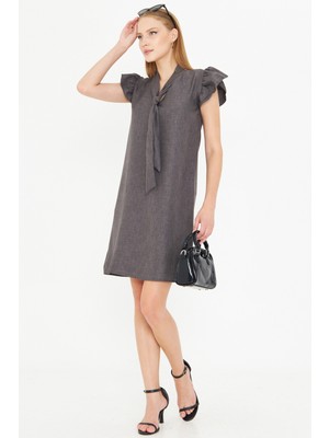 Armonika Kadın Füme V Yaka Kolları Fırfırlı Kravat Detaylı Elbise ARM-25Y001022