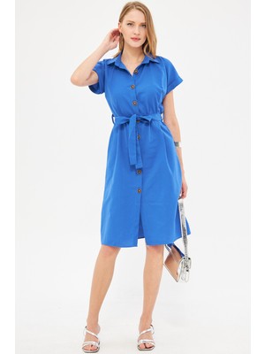 Armonika Kadın Saks Beli Kemerli Kısa Kol Gömlek Elbise ARM-19Y001068