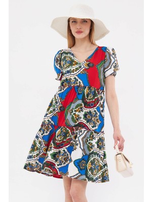 Armonika Kadın Gri V Yaka Kısa Kol Desenli Fırfırlı Elbise ARM-24Y001014