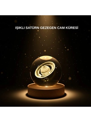 İlkyaz Fashion Ahşap Tabanlı 3D Satürn Kristal Küre Atmosfer Lambası ILKYZ-KRGRS34
