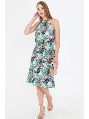 Armonika Kadın Krem Boyundan Bağlamalı Beli Kuşaklı Eteği Fırfırlı Elbise ARM-23Y001112