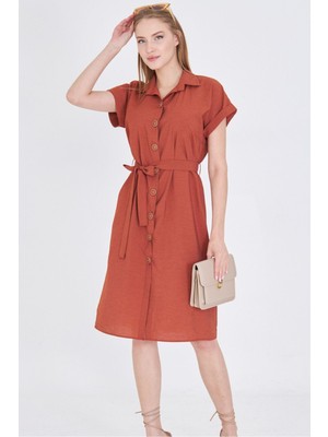 Armonika Kadın Kiremit Beli Kemerli Kısa Kol Gömlek Elbise ARM-25Y001065