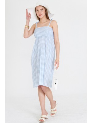 Armonika Kadın Mavi Askıları Bağcıklı Göğsü Gipe Lastikli Mini Elbise ARM-25Y001047