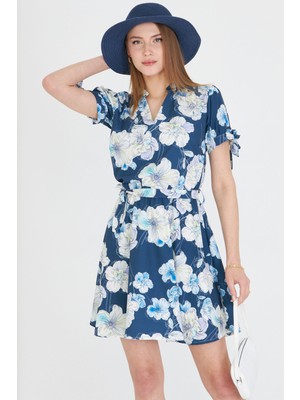 Armonika Kadın Lacivert Hakim Yaka Kolu Bağlamalı Beli Lastikli Kemerli Kısa Elbise ARM-25Y001033