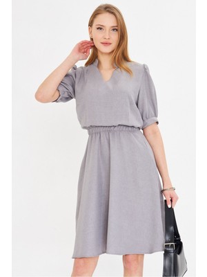 Armonika Kadın Gri V Yaka Beli Lastikli Kısa Kollu Kloş Elbise ARM-25Y001001
