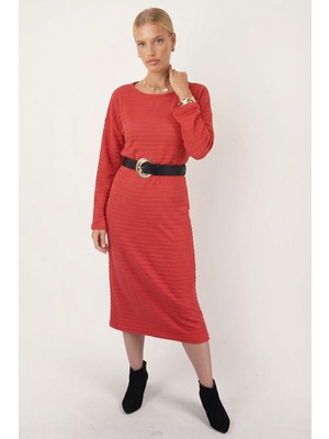 Armonika Kadın Nar Çiçeği Uzun Kollu Yumuşak Dokulu Salaş Elbise ARM-26K001078