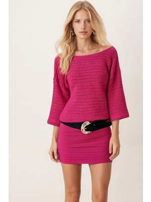 Armonika Kadın Fuşya Kayık Yaka Yarasa Kol Yumuşak Dokulu Elbise ARM-26K001039