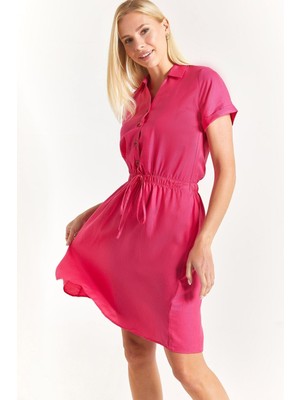 Armonika Kadın Fuşya Beli Lastikli Kısa Kol Gömlek Elbise