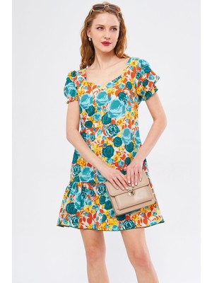 Armonika Kadın Turuncu Dekaohto Elbise Kolu Lastikli Eteği Fırfırlı Sırtı Fermuarlı Mini Boy ARM-24Y001041