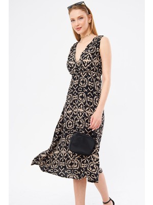 Armonika Kadın Siyah Desenli Beli ve Omzu Lastikli Kruvaze Yaka Midi Boy Eteği Elbise ARM-24Y001052