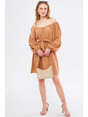 Armonika Kadın Vizon Ikositria Elbise Carmen Yaka Beli Kuşaklı Mini Boy ARM-24Y001046