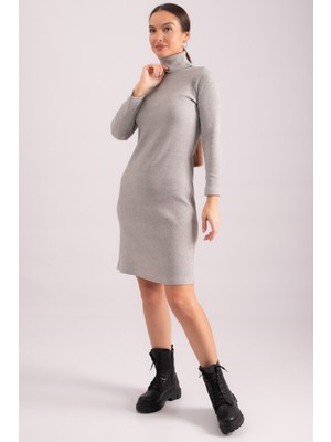 Armonika Kadın Gri Balıkçı Yaka Vücuda Oturan Fitilli Kaşkorse Elbise ARM-24K001071