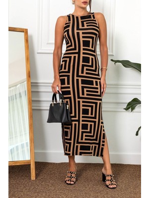 Armonika Kadın Kahve Sıfır Yaka Kolsuz Yırtmaçlı Uzun Elbise ARM-23Y001090