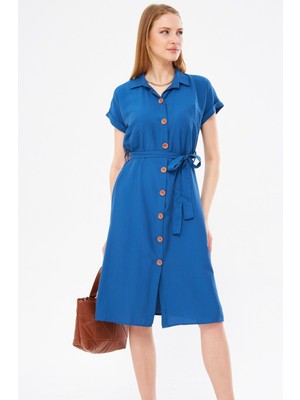 Armonika Kadın Koyu Mavi Beli Kemerli Kısa Kol Gömlek Elbise ARM-19Y001068