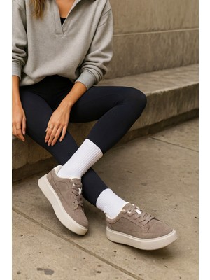 Marjin Kadın Sneaker Bağcıklı Kalın Taban Spor Ayakkabı Domen Vizon Süet