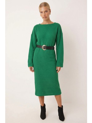 Armonika Kadın Yeşil Uzun Kollu Yumuşak Dokulu Salaş Elbise ARM-26K001078