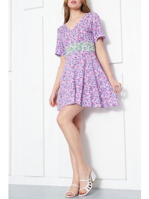 Armonika Kadın Mor Ön Arka V Yaka Sırtı Fermuarlı Kısa Kol Elbise ARM-23Y001009