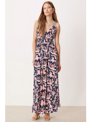 Armonika Kadın Lacivert Kruvaze Yaka Beli Lastikli Sırtı Açık Uzun Elbise ARM-25Y001106