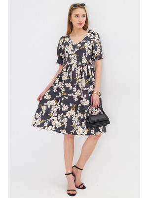 Armonika Kadın Sarı U Yaka Kolları Lastikli Beli Büzgülü Midi Boy Elbise ARM-25Y001003