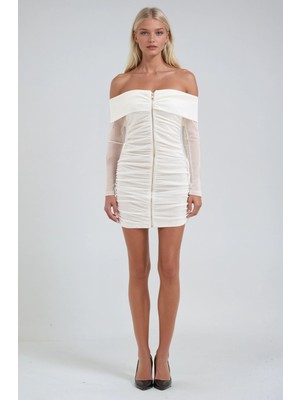 Lijuri Drape Detaylı Full Fermuar Mini Tül Elbise 2937 R5-G-K5