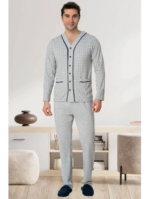Mecit Pijama Mecit 2767 Gri Önden Düğmeli Büyük Beden Erkek Pijama Takımı
