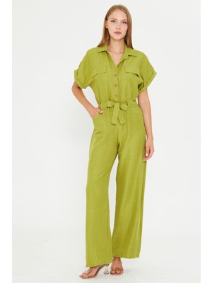 Armonika Kadın Yağ Yeşili Önden Düğmeli Beli Kuşaklı Cepli Yarasa Kol Palazzo Tulum ARM-24Y001105