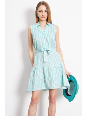 Armonika Kadın Turkuaz Önü Düğmeli Beli Kemerli Yakalı Kolsuz Elbise ARM-24Y001066