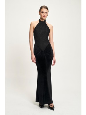 Lijuri Dantel ve Korse Detaylı Şık Kadife Elbise 2928 R5-C-K1