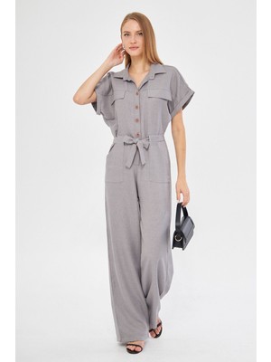 Armonika Kadın Gri Önden Düğmeli Beli Kuşaklı Cepli Yarasa Kol Palazzo Tulum ARM-24Y001105
