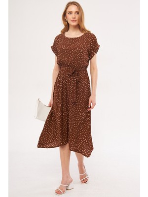 Armonika Kadın Kahve Puanlı Beli Lastikli Bağlamalı Elbise ARM-21K001159