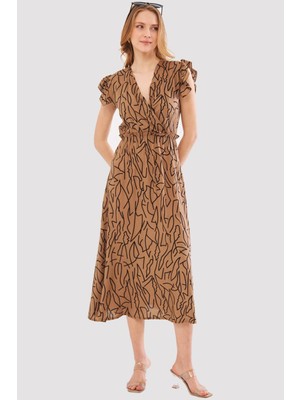 Armonika Kadın Vizon Miden Elbise Kruvaze Yaka Omuzu Fırfır Detaylı Beli Lastikli Midi Boy ARM-24Y001020