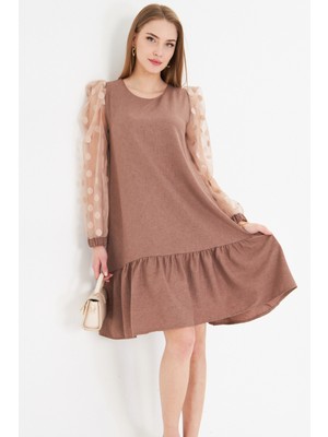 Armonika Kadın Vizon Kolu Tüllü Altı Fırfırlı Elbise ARM-25Y001038