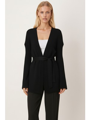 Armonika Kadın Siyah Kemerli Triko Kimono ARM-26K001011
