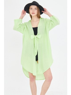 Armonika Kadın Neon Yeşil Önden Bağlamalı Ince Keten Kumaş Midi Boy Kimono Gömlek ARM-24Y001081