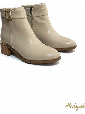 Modayak Florin Krem Fermuarlı Bronz Tokalı Taşlı Topuklu Yarım Bot