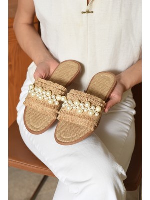 Mınoa Kadın Hasır Inci Detaylı Hasır Dokulu Animal Desenli Tek Bantlı Günlük Düz Terlik