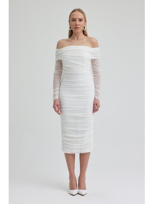 Lijuri Drape Detaylı Midi Tül Elbise 2939 R3-B-K1