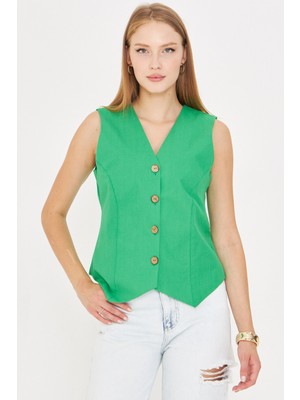 Armonika Kadın Açık Yeşil V Yaka Vücuda Oturan Keten Görünümlü Astarlı Yelek ARM-24Y001111