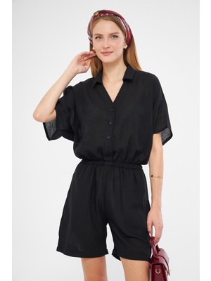 Armonika Kadın Siyah Gömlek Yaka Cepli Kısa Tulum ARM-24Y001113