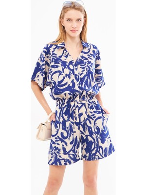 Armonika Kadın Saks Gömlek Yaka Cepli Desenli Kısa Tulum ARM-24Y001023