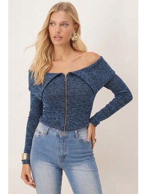 Armonika Kadın Koyu Mavi Düşük Omuz Önden Fermuarlı Hırka ARM-26K001034